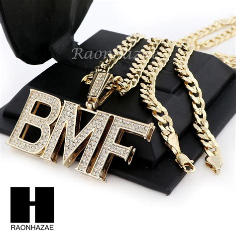 MENS HIP HOP BMF PENDANT & DIAMOND CUT CUBAN LINK CHAIN NECKLACE NN42 ...