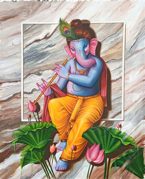 Murli Ganesha 36"x48" Vertical Oil Painting on canvas