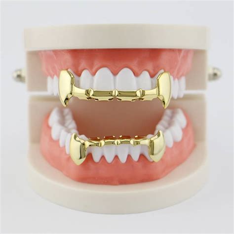 18k Gold Plated Dracula Vampire Fangs Slug Top And Bottom Grills For