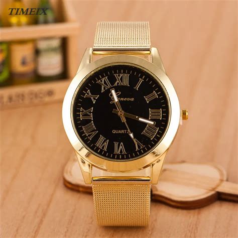 Fashion Geneva Watch Men Roman Numerals Quartz Gold Stainless Steel Wrist Watch Male Clock