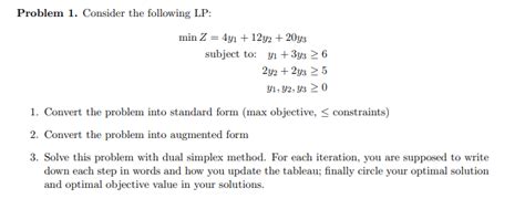 Solved Problem 1 Consider The Following Lp Min Z 4y1