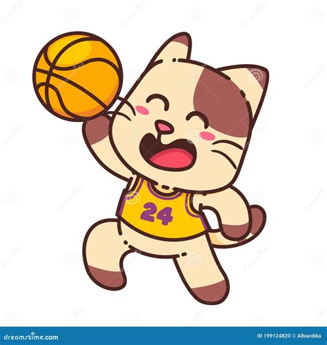 Happy Brown Cat Play Basketball Sport Cartoon Doodle Vector