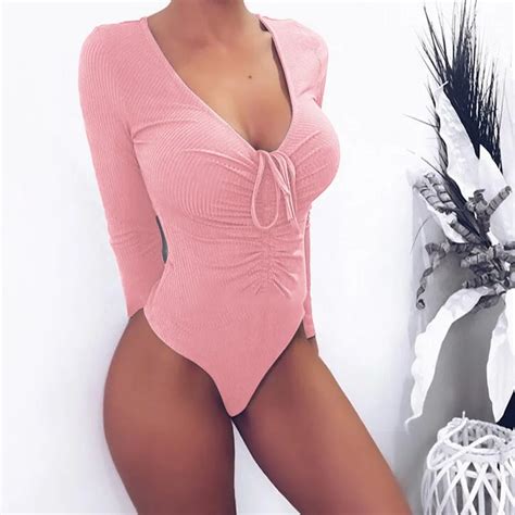 Laamei 2019 Sexy Bodysuits Women Ladies Stretch Top Long Sleeve Deep V