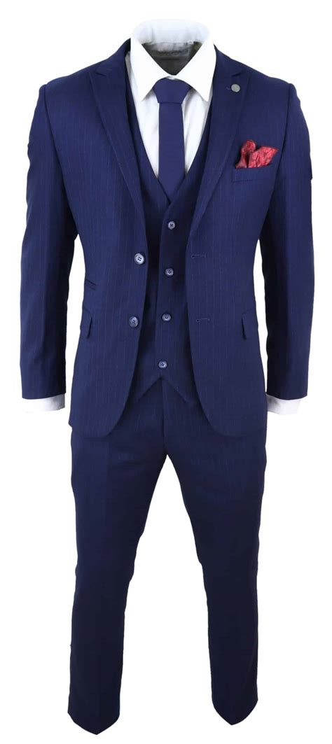 Mens Navy-Blue 3 Piece Pinstripe Mafia Suit | Happy Gentleman