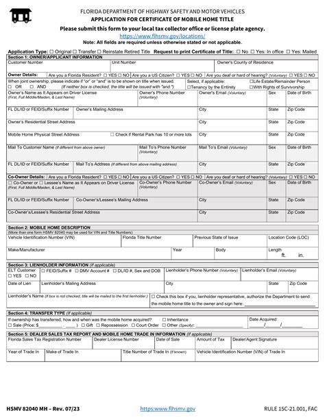 Form Hsmv Mh Application For Certificate Of Mobile Home Title