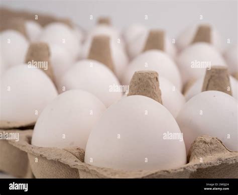 Chicken Eggs In A Package White Eggs In A Box Close Up Stock Photo