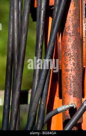 Close Up Of Hydraulic Hoses And Fittings On Farm Machinery Displaying