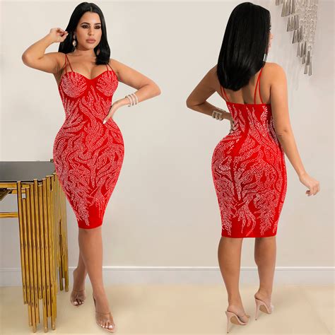 Sexy Hot Drilling Mesh Spaghetti Strap Night Club Dress By