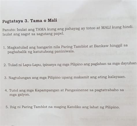 Solved Pagtataya 3 Tama O Mali Panuto Isulat Ang TAMA Kung Ang