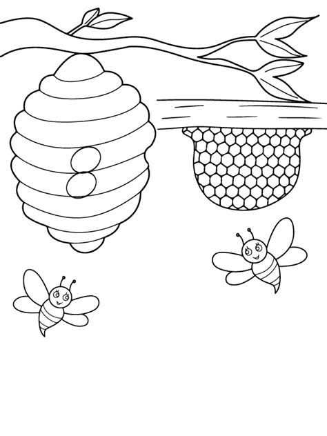 Two Bees And One Bee Inside Beehive Coloring Page Free Printable