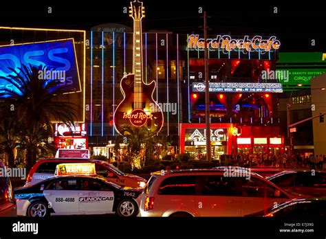 The Hard Rock Cafe and traffic along The Strip at night, Las Vegas ...