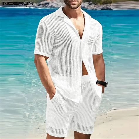 Incerun Conjunto De Camisa E Shorts De Manga Curta Masculina Lapela Cor