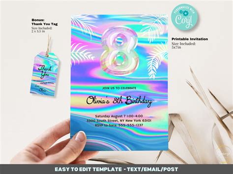 Editable 8th Birthday Invitation Template Printable Glitter Etsy México