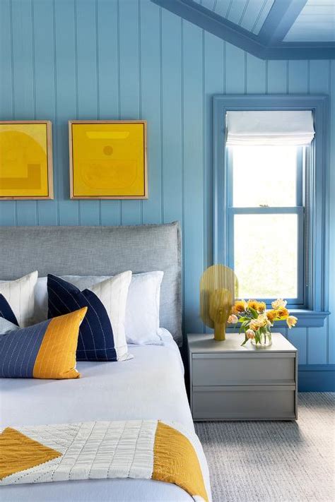 Yellow and Blue Bedroom with Gray Headboard - Transitional - Boy's Room