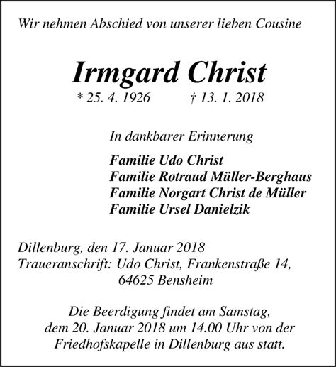 Traueranzeigen Von Irmgard Christ Vrm Trauer De