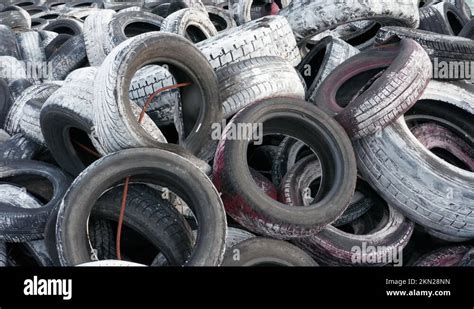 Pile Of Waste Tires Dumped And Ready For Recycling Heap Of Old Scrap