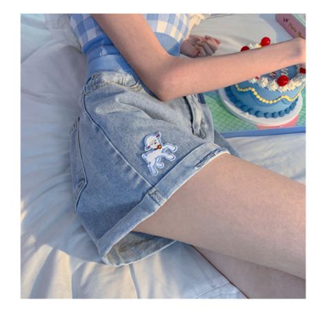 Soft Girl Style Cartoon Lamb Embroidered Denim Shorts Kawaii Fashion