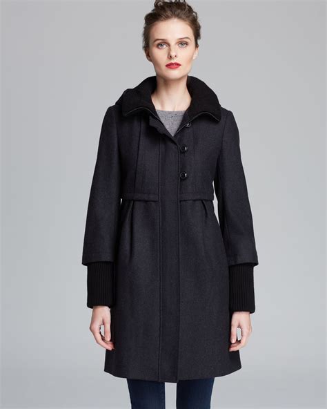 Lyst Dkny Coat Hooded Knit Collar Empire Waist In Black