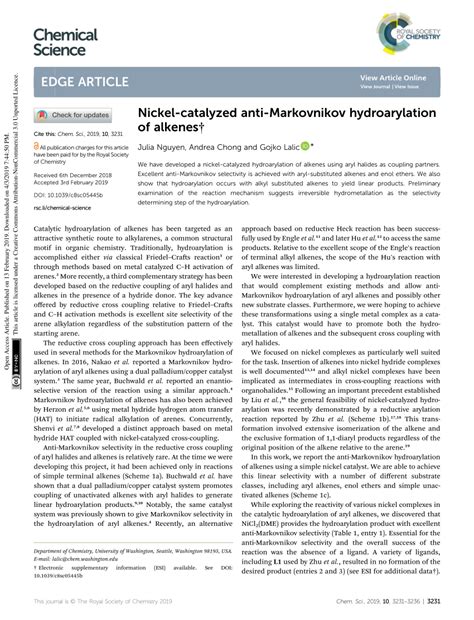 Pdf Nickel Catalyzed Anti Markovnikov Hydroarylation Of Alkenes