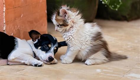 Un gatito y un perro están tirados en el suelo Foto Premium