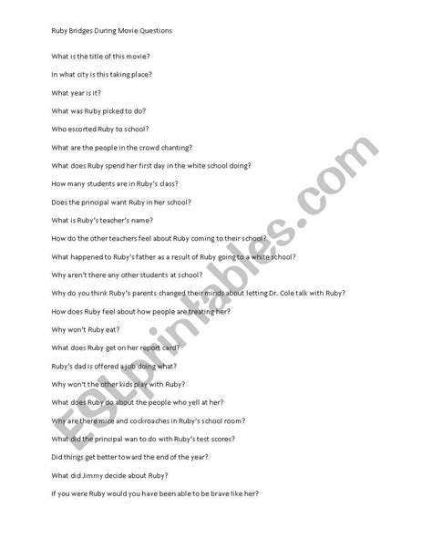 English Worksheets Ruby Bridges Movie Questions