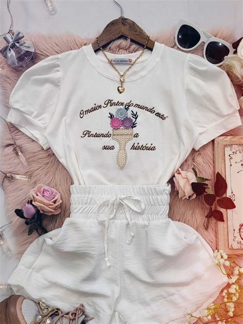 T Shirt Blusa Feminina De Luxo Bordada Manga Princesa O Maior Pintor