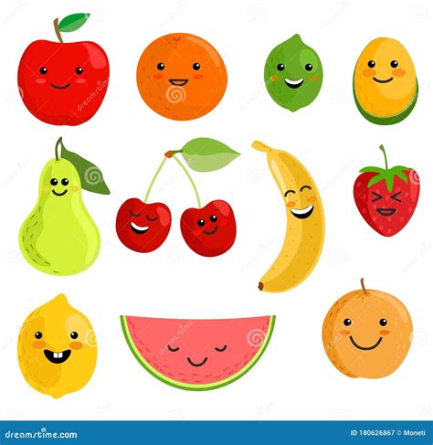 Cute Fruit Characters Vector Illustration Healthy Juice Cartoon Kawaii Summer Fruits Isolated