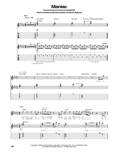 Maniac By Michael Sembello Sheet Music For Guitar Tab At Sheet Music Direct