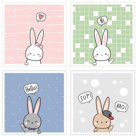 Cute Rabbit Bunny Greeting Cartoon Doodle Card Collection Set 2225718