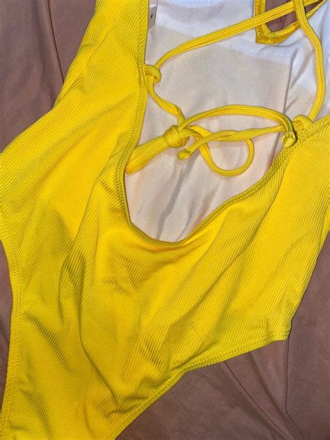 Shein Yellow Ribbed One Piece Swimsuit Womens Fashion Swimwear