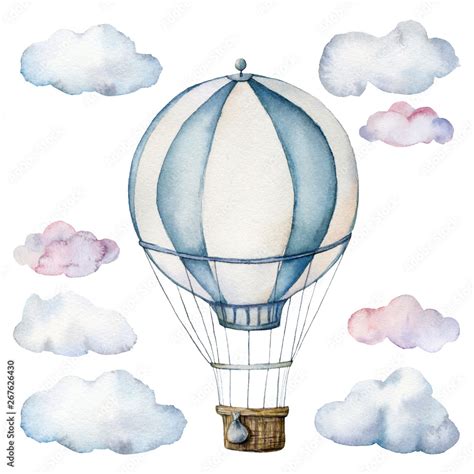 Watercolor Set With Hot Air Balloon And Clouds Hand Painted Sky