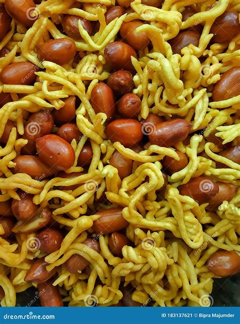 Crispy Aloo Bhujia Chanachur With Nut In An Rural Market For Selling