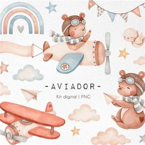 Kit Digital Ursinho Aviador Aquarela Aquarelado Elo