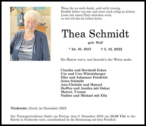 Traueranzeigen Von Thea Schmidt Rz Trauer De