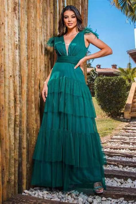 Daisda Peacock Straps Deep V Neck Tulle Prom Dress With Feathers Layered