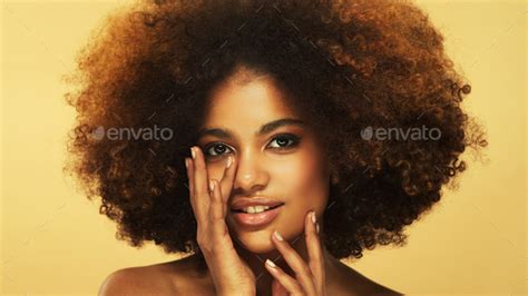 Beauty Portrait Of Smiling African American Woman With Beautiful Afro Hairstyle Curly Brown