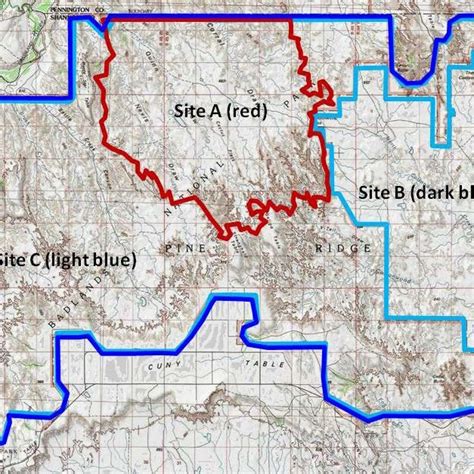 Exaggerated 3D view of badlands topography and boundary of Sites A, B ...