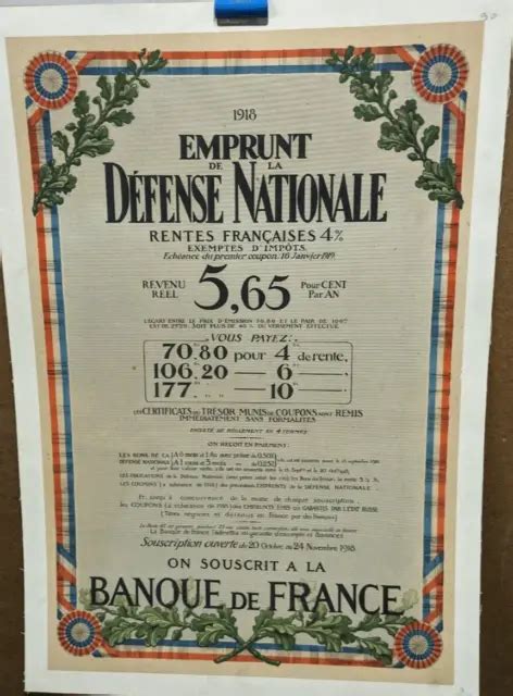 Affiche Ancienne Emprunt De La Defense Nationale Banque De France