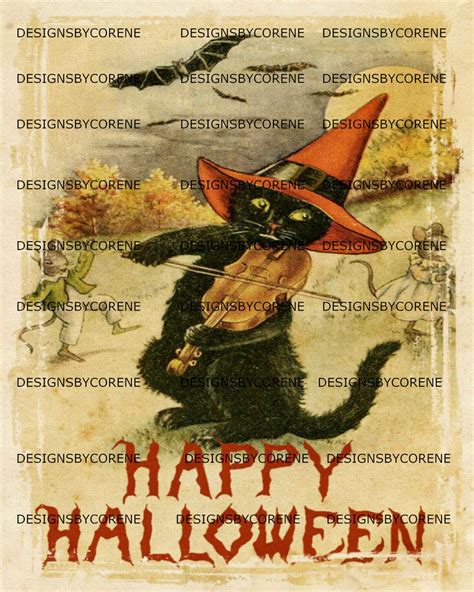 Vintage Happy Halloween Black Cat Print Digital Image Feedsack Logo for ...