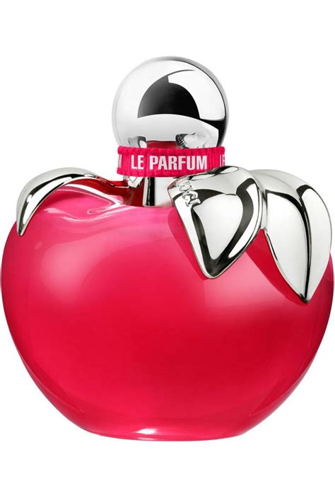 A Bottle Of Perfume That Is Red And White With Silver Trimmings On The Top