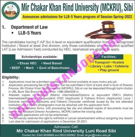 Mir Chakar Khan Rind University Mckru Admission Balochistan Jobs