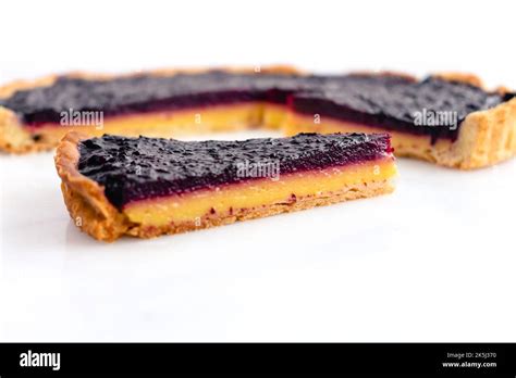 Sliced Blueberrylemon Curd Tart Viewed From The Side Layered