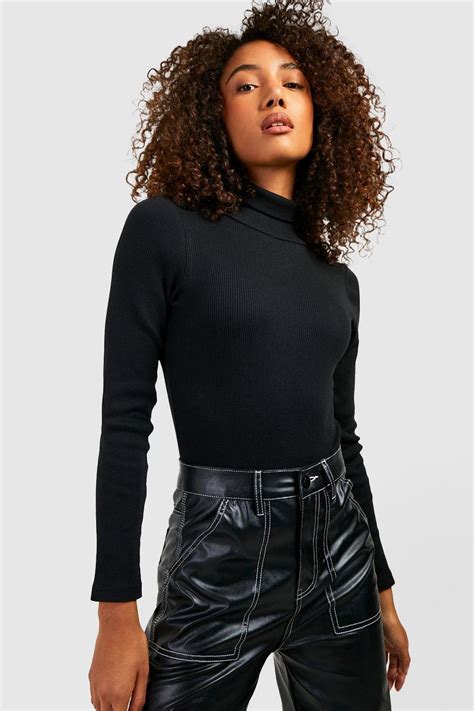 Womens Black Tall Basic Rib Roll Neck Bodysuit Boohoo Uk