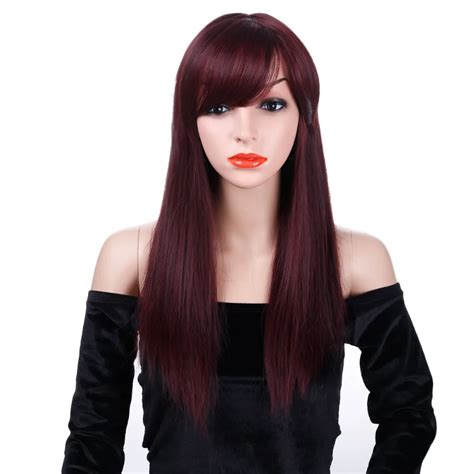 Aosiwig Long Red Straight Wigs With Bangs Synthetic Hair Wig For Women