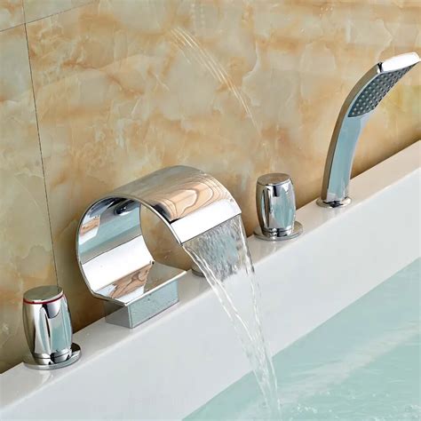 Deck Mount Waterfall Widespread Bathroom Tub Faucet Three Handles Mixer