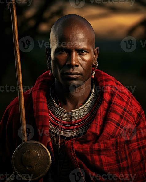 Maasai Warrior In Traditional Attire Standing Against A Backdrop Of The African Landscape