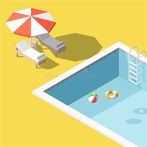 Vector Illustration Isometric Low Poly Chaise Lounges In Swimming Pool