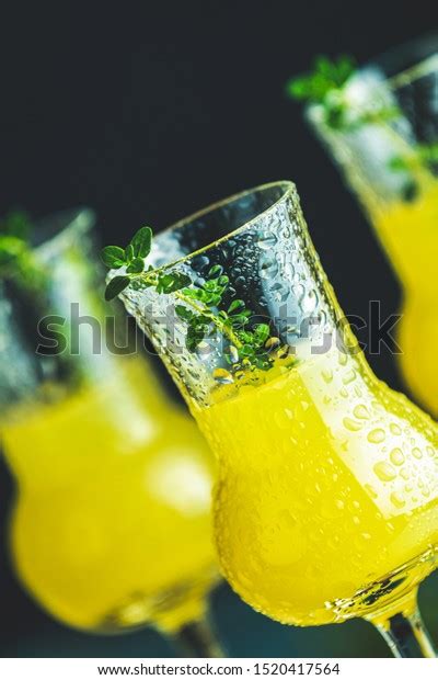 Limoncello Thyme Three Grappas Wineglass Water Stock Photo