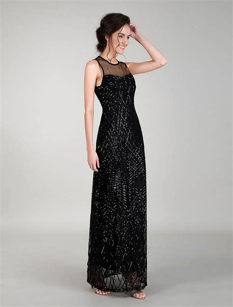 Black Evening Dresses Maxi Sequin Prom Dress Illusion Neck Long