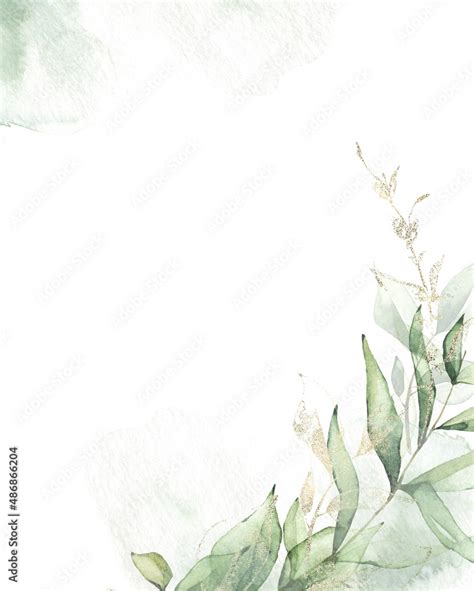 Watercolor painted gentle greenery frame template. Green and background ...